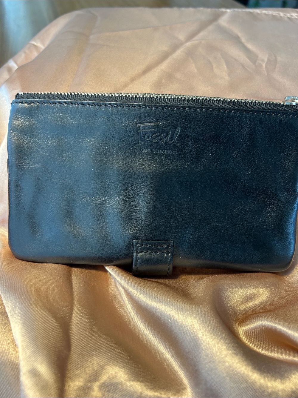 Fossil Black Leather double Zip Wallet Clutch